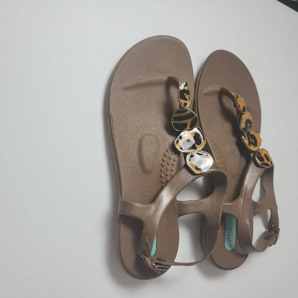 OkaB Leopold Button Sandals Brown Animal Print Ankle Strap Flats Arch Support 6